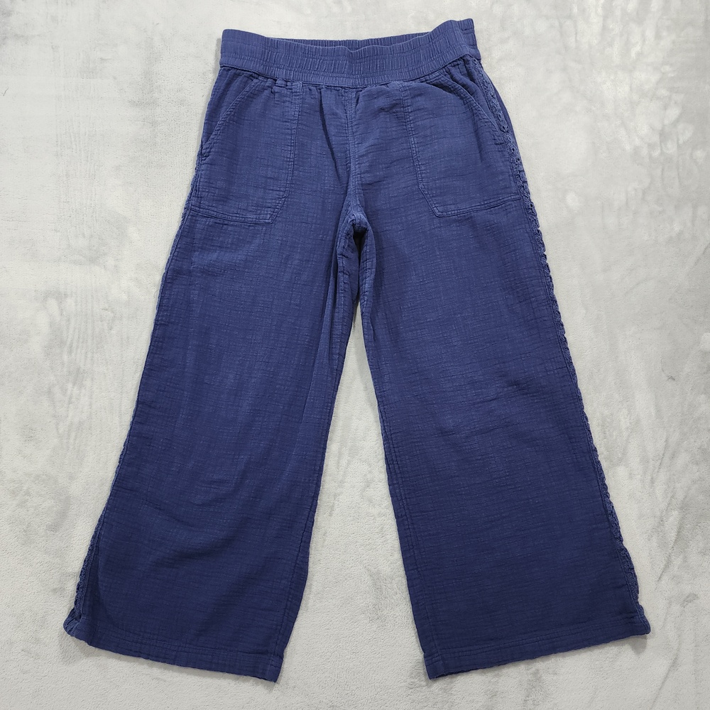 Aerie Pants Womens L Blue Summer Reset Trouser Cotton Gauze Lace Side Stripe